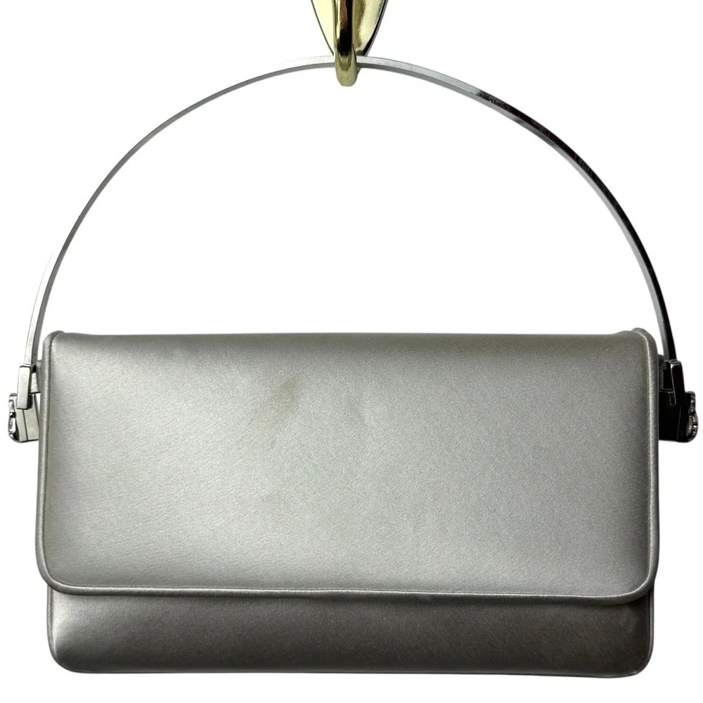 Vintage Judith Leiber‎ Silver Soft Boom Clutch Crystal Handle Evening Event